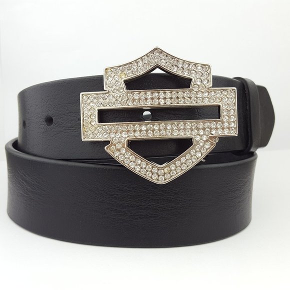 Harley Davidson Crystal Buckle in Genuine Black Leather Belt